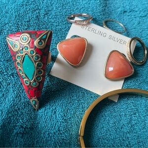 Mixed Gold colored jewelry bundle 4 rings earrings and bracelet
